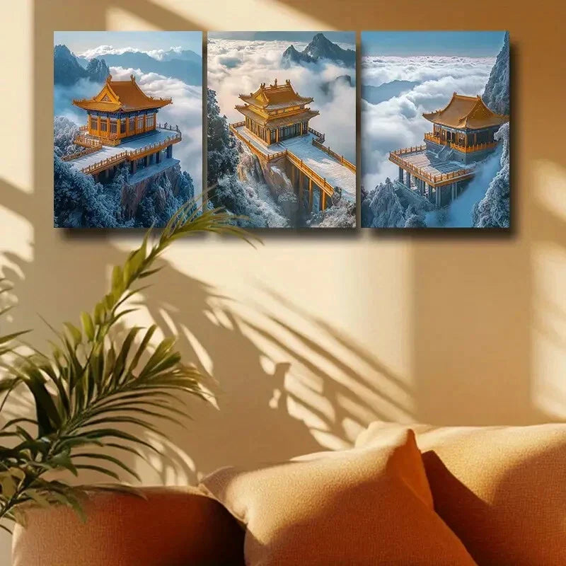 3pcs Golden Pagoda on Mountain Top with Clouds Metal Print Ready to Hang Art