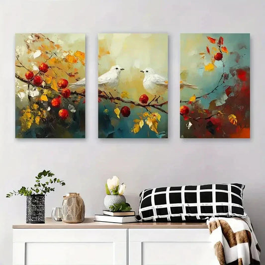 3pcs Abstract Bird and Apple Blossom Metal Print Ready to Hang Art