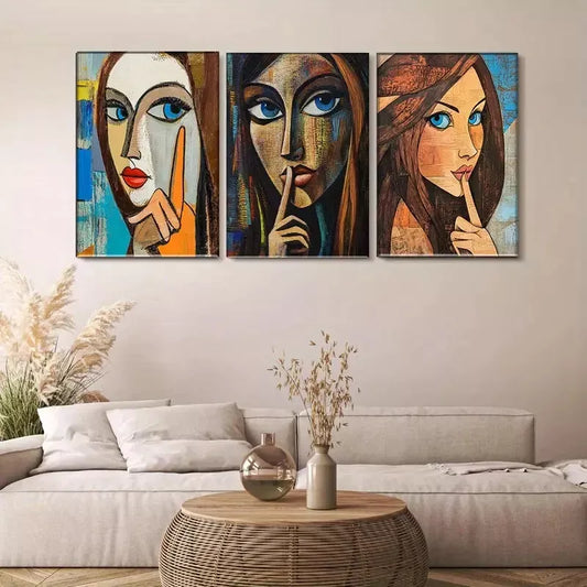 3pcs Abstract Woman Portrait "Shh" Gesture    Wall Art Set Canvas Framed 40x60cm - High Quality Print 100% Australian Made Wall Canvas Ready to Hang