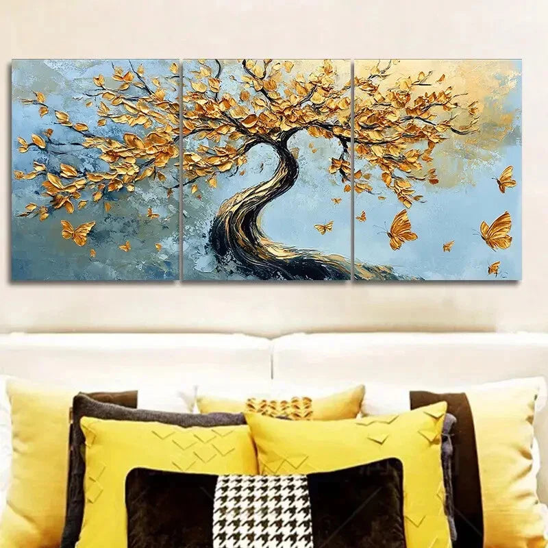 3pcs An abstract tree with golden leaves Wall Art Set Canvas Framed 40x60cm - High Quality Print 100% Australian Made Wall Canvas Ready to Hang