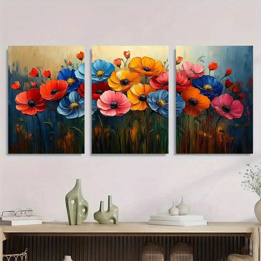 3pcs Colorful Flowers Vintage Abstract Botanical Metal Print Ready to Hang Art