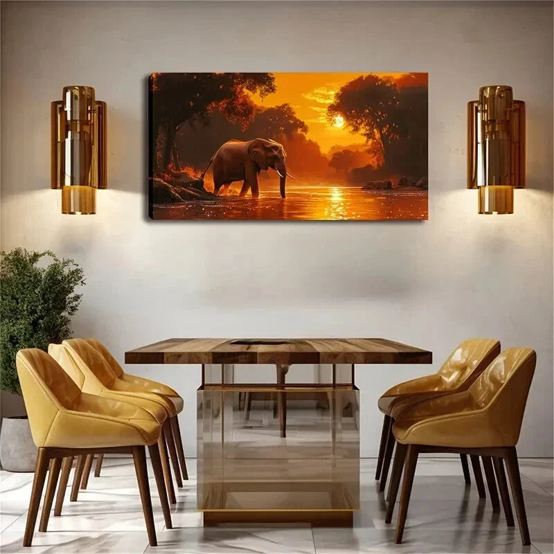 Elephant Sunset Minimalist Wall Art Canvas Office Home Room Framed 80x45cm