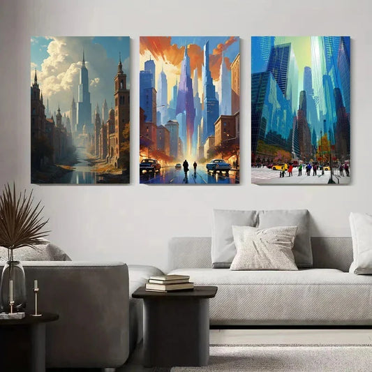 3pcs Abstract Urban Night Street Scenes Metal Print Ready to Hang Art