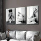 3pcs Black & White Giraffe & Penguin in Bathtub Wall Art Set Canvas Framed 40x60cm - High Quality Print 100% Australian Made Wall Canvas Ready to Hang
