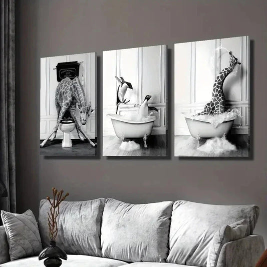 3pcs Black & White Giraffe & Penguin in Bathtub Wall Art Set Canvas Framed 40x60cm - High Quality Print 100% Australian Made Wall Canvas Ready to Hang