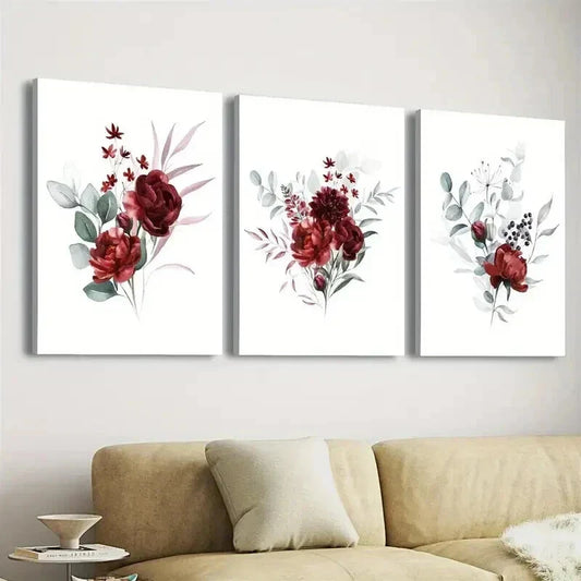 3pcs Vibrant Red Rose Flower & Green Leaves Wall Art Set Canvas Framed 40x60cm - High Quality Print 100% Australian Made Wall Canvas Ready to Hang