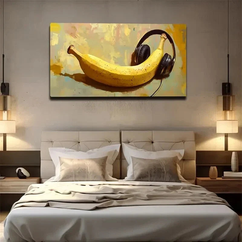 Banana with Black Headphones Wall Art Canvas Office Home Room Framed 120x60cm