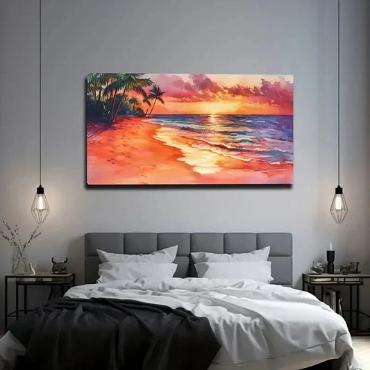 Tropical Beach Sunset Red Wall Art Canvas Office Home Room Framed 80x45cm