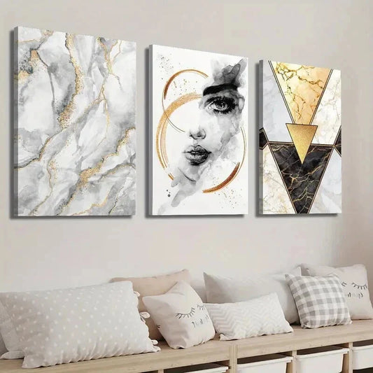 3pcs Beautiful Female Face Marble Texture Wall Art Set Canvas Framed 40x60cm - High Quality Print 100% Australian Made Wall Canvas Ready to Hang