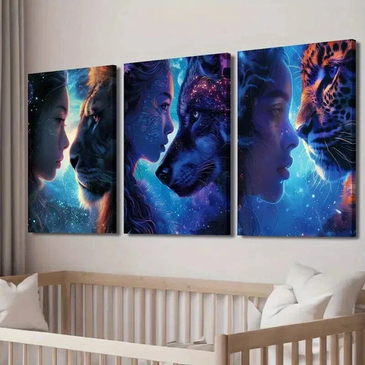 3pcs Galaxy-Themed with Lions Wolves Cheetahs Wall Art Set Canvas Framed 40x60cm - High Quality Print 100% Australian Made Wall Canvas Ready to Hang