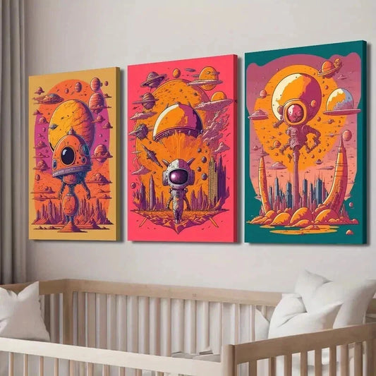 3pcs Vibrant Alien Spaceships & Space-Themed Wall Art Set Canvas Framed 40x60cm - High Quality Print 100% Australian Made Wall Canvas Ready to Hang