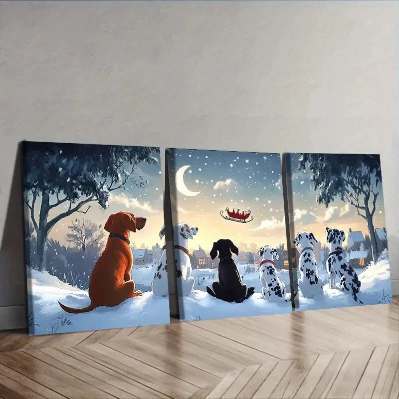 3pcs The dog looks at Santa Claus Wall Art Set Canvas Framed 40x60cm - High Quality Print 100% Australian Made Wall Canvas Ready to Hang