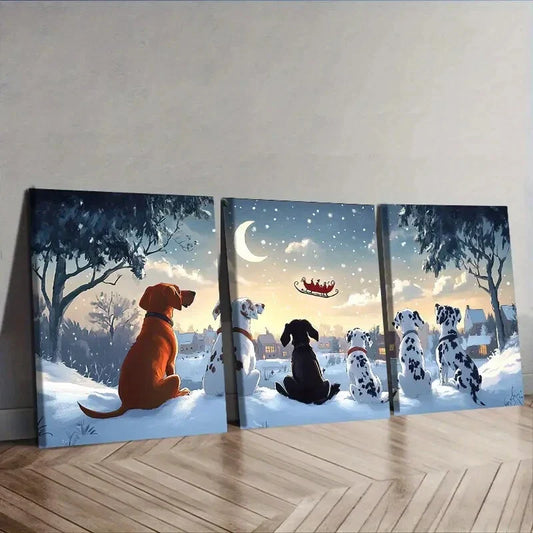 3pcs The dog looks at Santa Claus Wall Art Set Canvas Framed 40x60cm - High Quality Print 100% Australian Made Wall Canvas Ready to Hang
