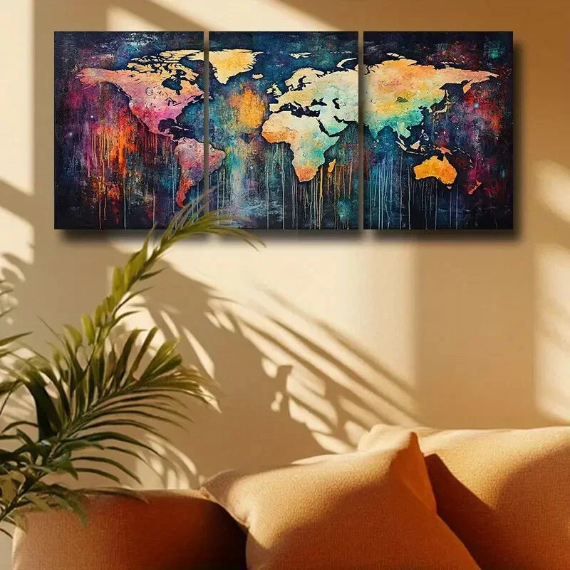 3pcs Colorful Watercolor World Map Design Metal Print Ready to Hang Art