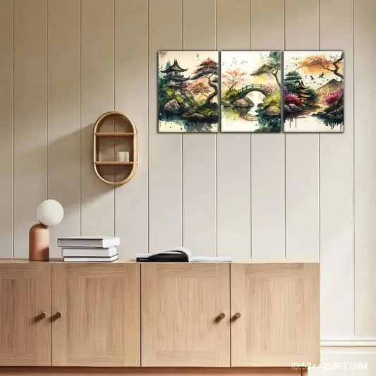 3pcs Small Bridge and Flowing Water Beautiful Metal Print Ready to Hang Art