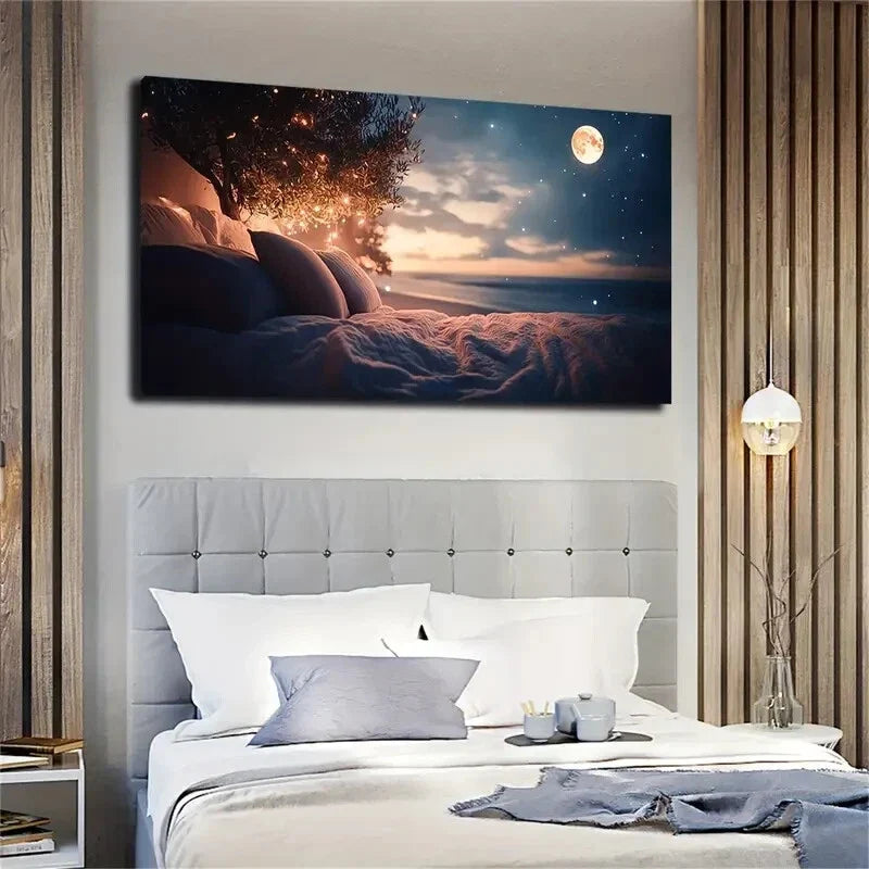 Serene Nighttime Landscape Tree Wall Art Canvas Office Home Room Framed 120x60cm
