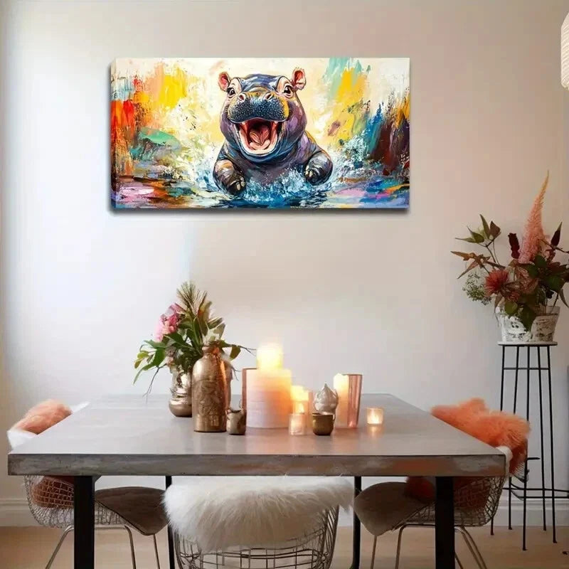 Vibrant Watercolor Hippo Wild Wall Art Canvas Office Home Room Framed 120x60cm