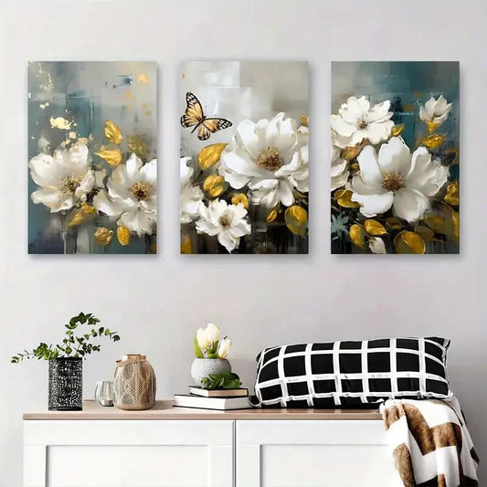 3pcs Elegant White Flowers & Butterfly Metal Print Ready to Hang Art