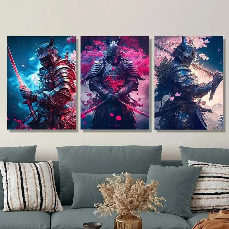 3pcs Japanese Armor & Sword under Cherry Blossom Metal Print Ready to Hang Art