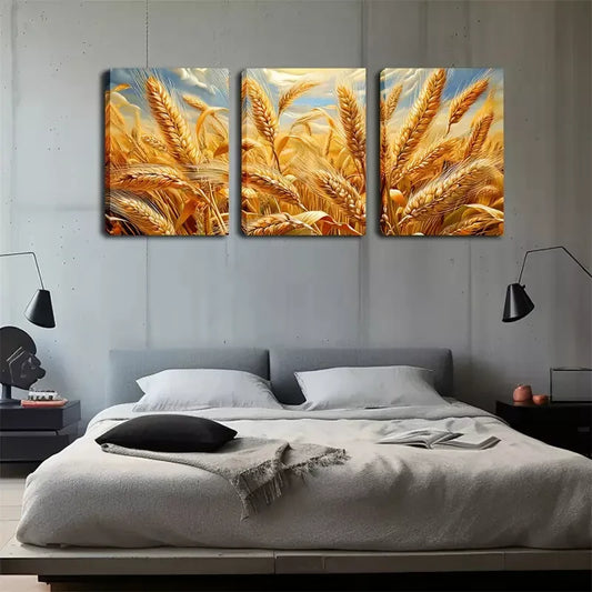 3pcs  Yellow Wheat Fields Wall Art Set Canvas Framed 40x60cm - High Quality Print 100% Australian Made Wall Canvas Ready to Hang