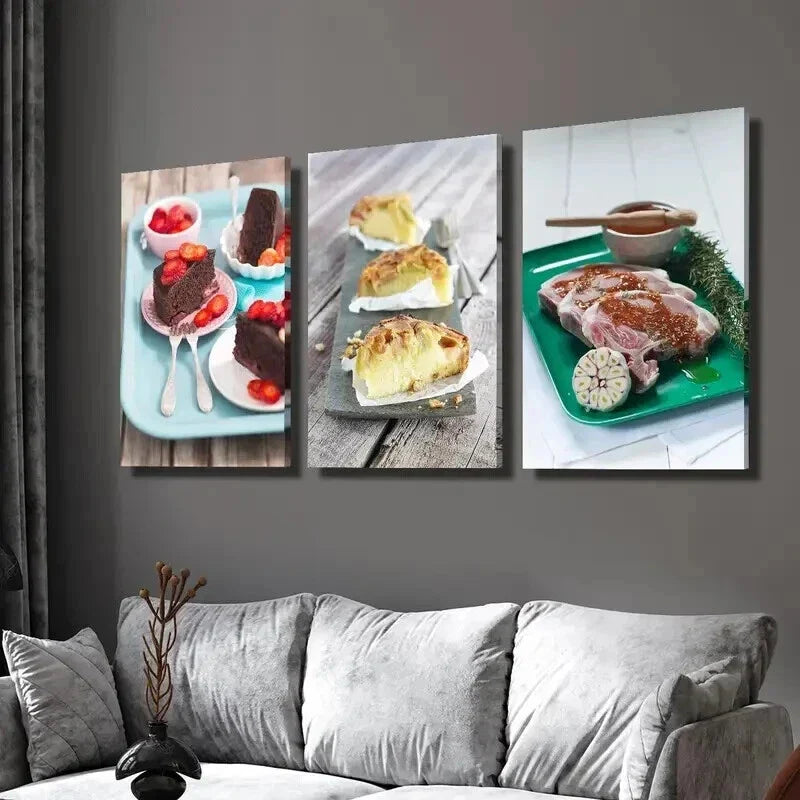 3pcs Chocolate Cake and Pork Chop Wall Art Set Canvas Framed 40x60cm - High Quality Print 100% Australian Made Wall Canvas Ready to Hang