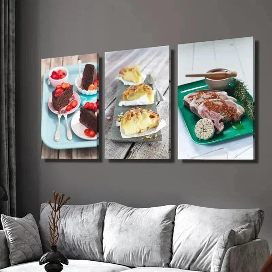 3pcs Chocolate Cake and Pork Chop Wall Art Set Canvas Framed 40x60cm - High Quality Print 100% Australian Made Wall Canvas Ready to Hang