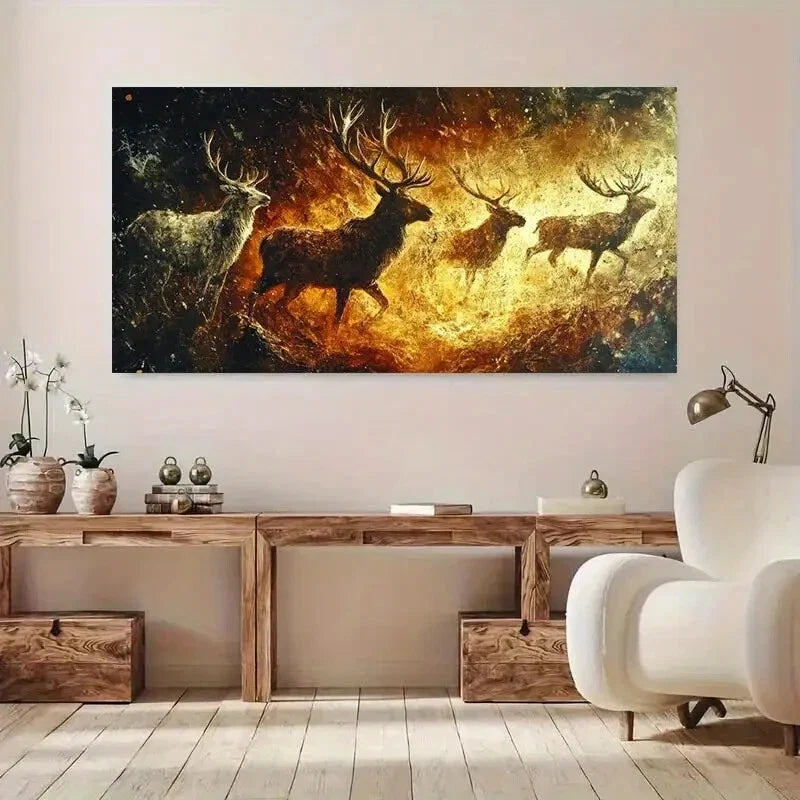 Majestic Stags Gold Fiery wall canvas office home room framed 120x60cm