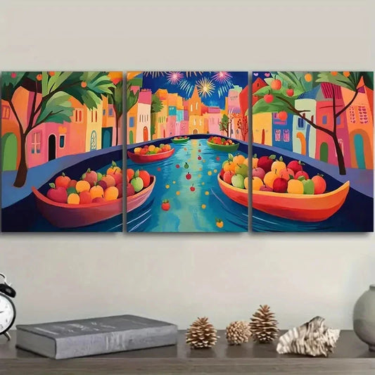 3pcs Colorful Apple Boat Scene with Waterfront Metal Print Ready to Hang Art