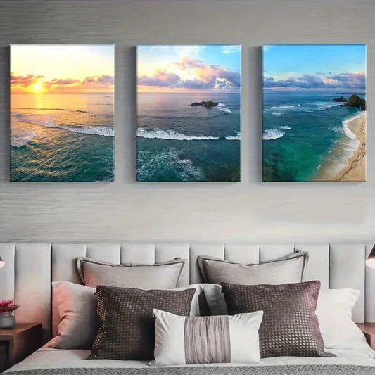 3pcs Beach Sunset Waves Blue Sky Metal Print Ready to Hang Art