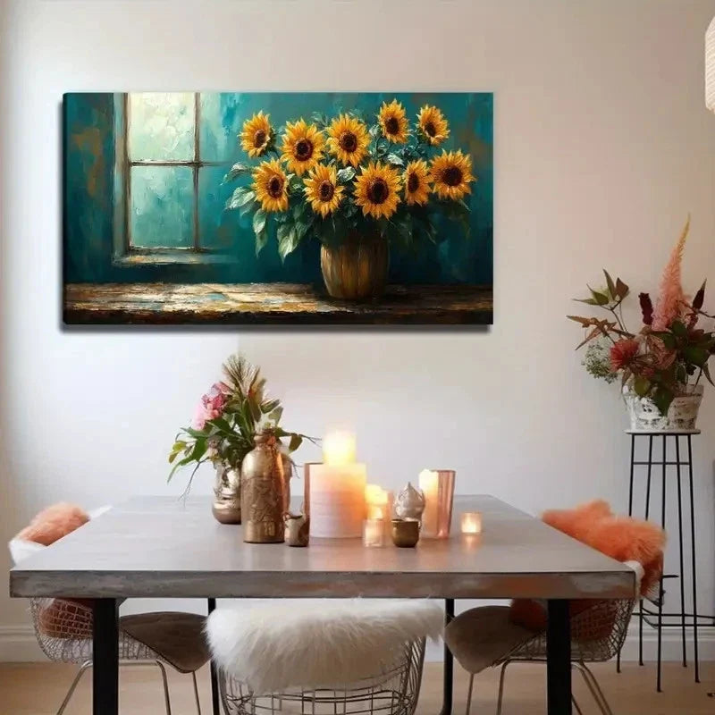 Sunflowers By The Window Wall Art Canvas Office Home Room Framed 80x45cm