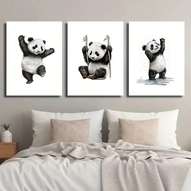 3pcs Cartoon Cute Panda Animal Metal Print Ready to Hang Art