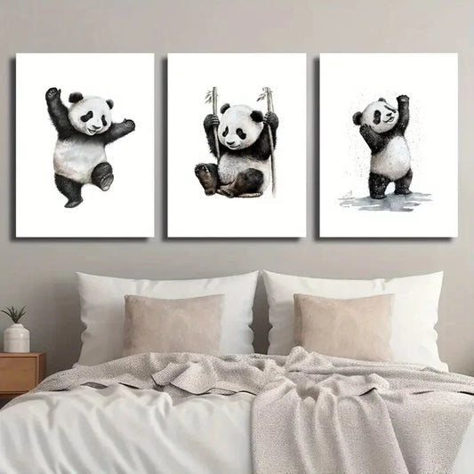 3pcs Cartoon Cute Panda Animal Metal Print Ready to Hang Art