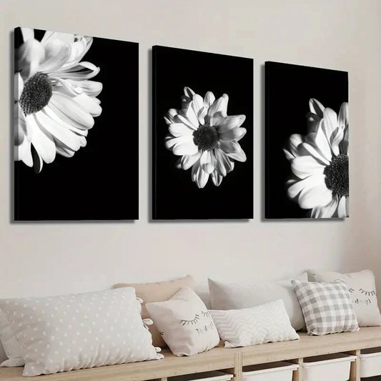 3pcs Elegant Black & White Gerbera Floral Wall Art Set Canvas Framed 40x60cm - High Quality Print 100% Australian Made Wall Canvas Ready to Hang