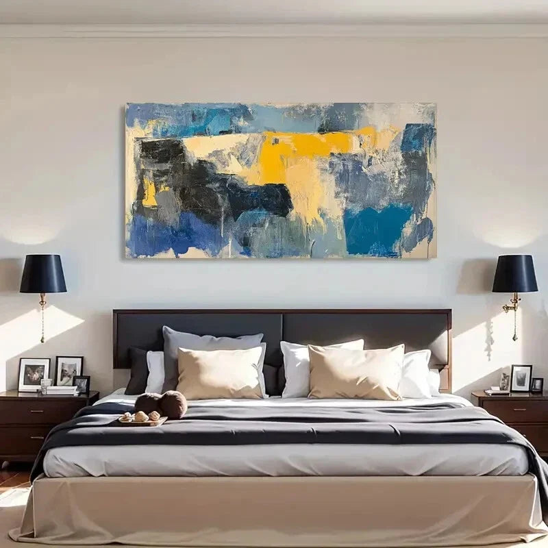 Abstract Yellow & Blue Modern Wall Art Canvas Office Home Room Framed 120x60cm