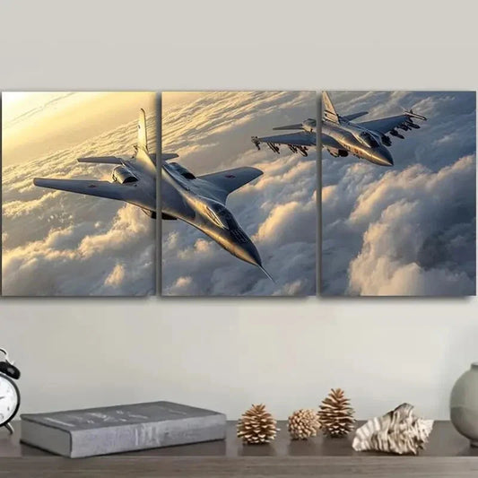 3pcs Fighter in the sky Art Painting Metal Print Ready to Hang Art