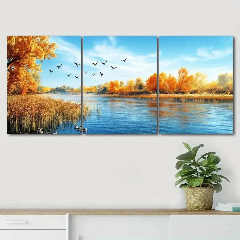 3pcs Autumn Golden Trees  Lake Scene Perfect Wall Art Set Canvas Framed 40x60cm - High Quality Print 100% Australian Made Wall Canvas Ready to Hang