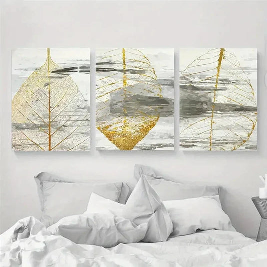 3pcs Abstract Yellow Leaves Metal Print Ready to Hang Art
