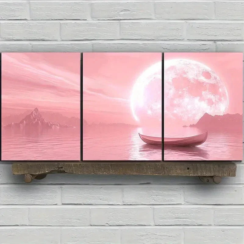 3pcs Pink Theme Moonrise Scenery Metal Print Ready to Hang Art