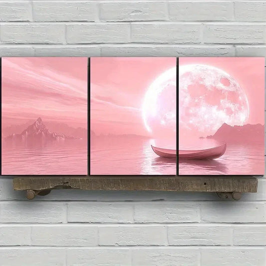 3pcs Pink Theme Moonrise Scenery Metal Print Ready to Hang Art