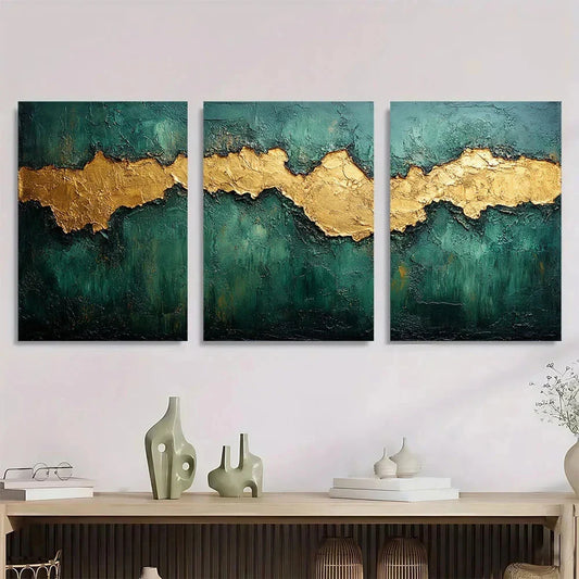 3pcs Abstract Green & Golden Texture Modern Metal Print Ready to Hang Art