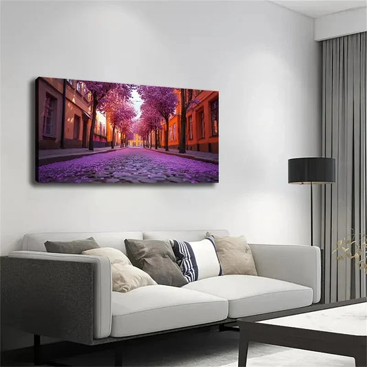 Trees Falling Purple Petals Wall Art Canvas Office Home Room Framed 80x45cm