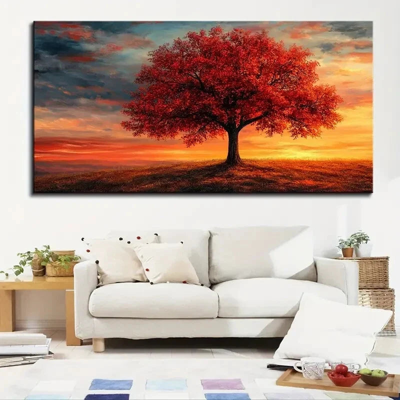 Vibrant Red Sunset Tree wall canvas office home room framed 120x60cm