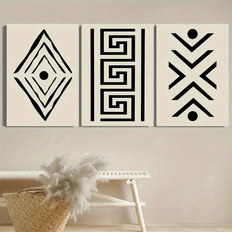 3pcs Ethnic African Luxury Beige Black Lines Metal Print Ready to Hang Art