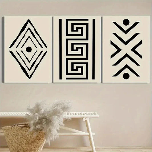 3pcs Ethnic African Luxury Beige Black Lines Metal Print Ready to Hang Art