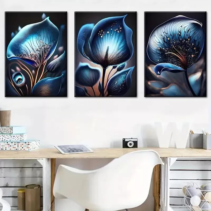 3pcs Modern Dark Blue Fantasy Flowers Abstract   Wall Art Set Canvas Framed 40x60cm - High Quality Print 100% Australian Made Wall Canvas Ready to Hang