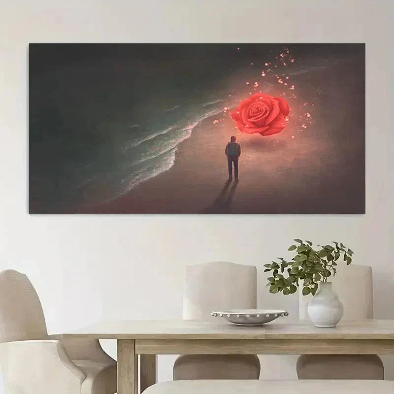 Beach Scene With Glowing Red Wall Art Canvas Office Home Room Framed 120x60cm