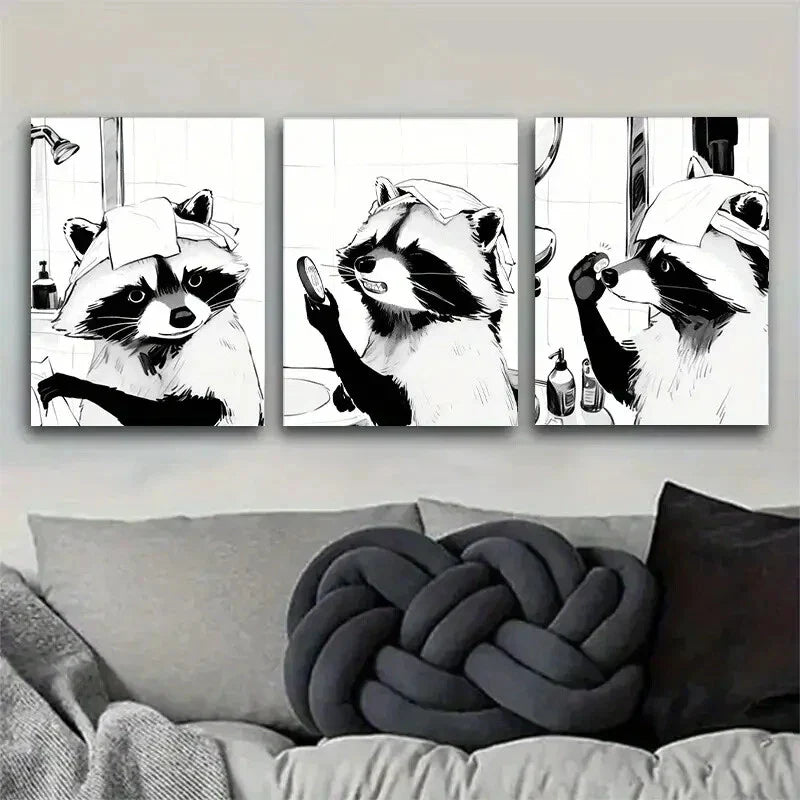 3pcs Black And White Cartoon Racon Animal Metal Print Ready to Hang Art