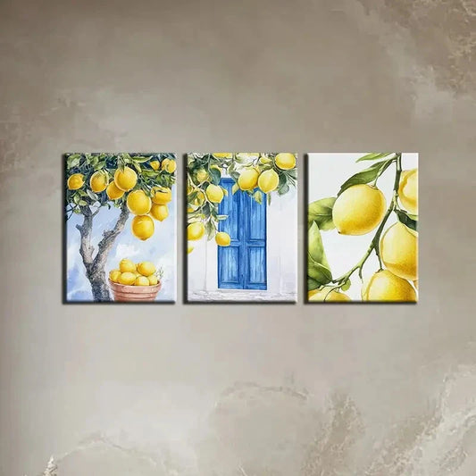 3pcs Lemon with Blue Window & Basket Metal Print Ready to Hang Art