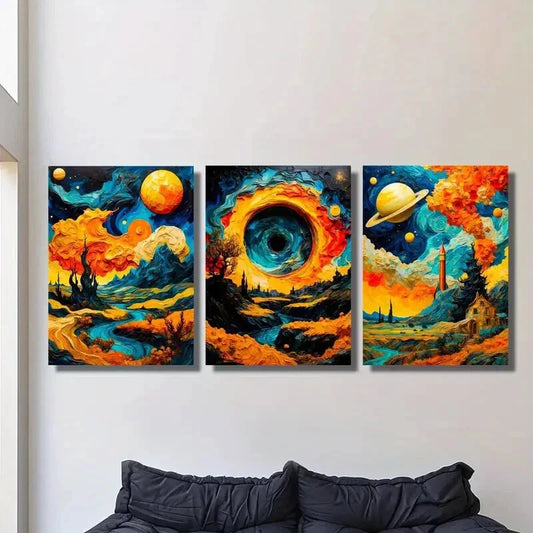 3pcs   Vibrant Mountain Lake Sunset, Cosmic Sky, Art Metal Print Ready to Hang Art