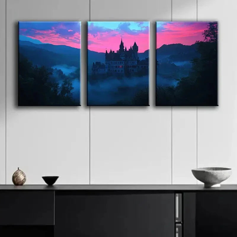 3pcs Castle at Dusk Darkness Night Perfect Wall Art Set Canvas Framed 40x60cm - High Quality Print 100% Australian Made Wall Canvas Ready to Hang